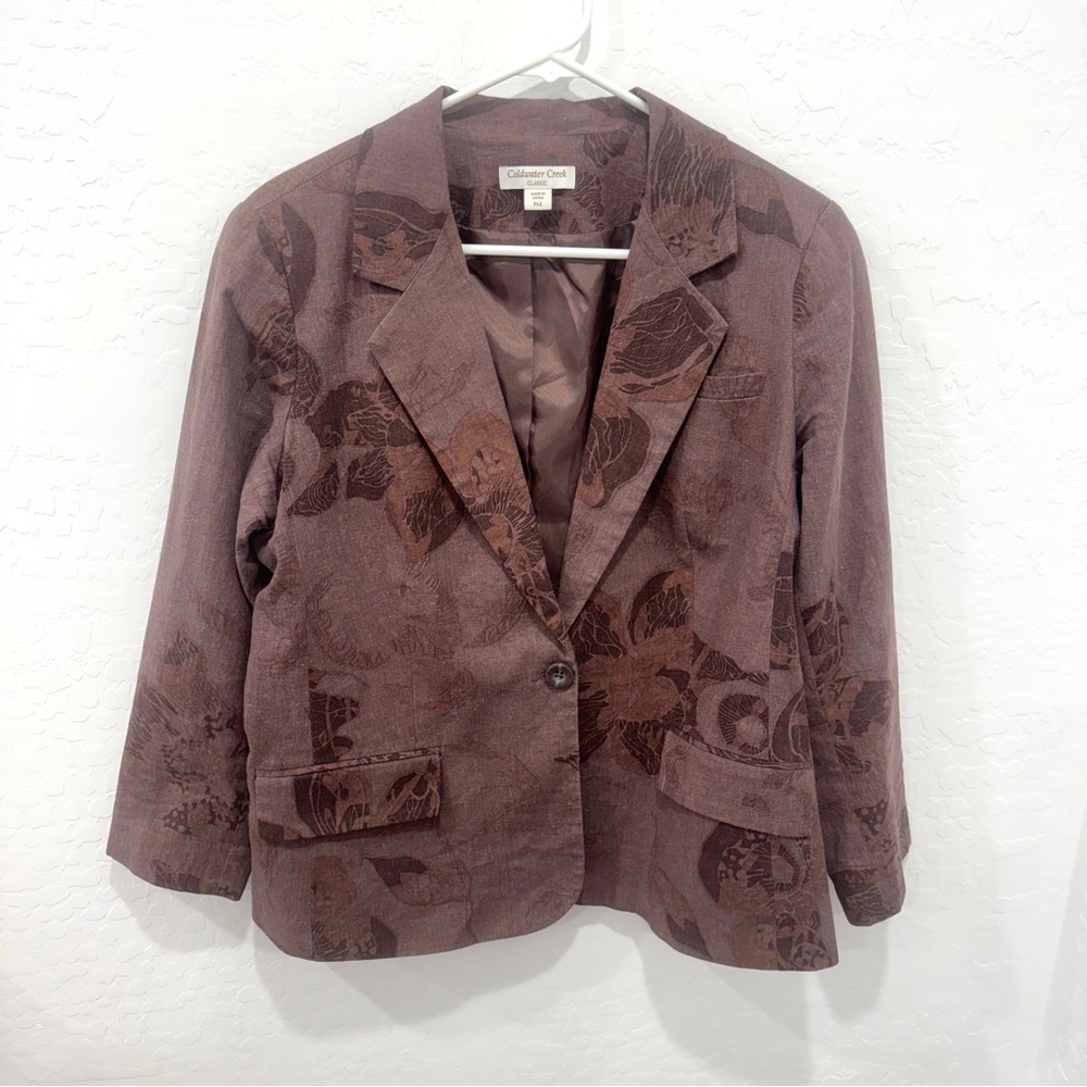 Coldwater Creek Purple-Brown Floral Blazer Womens 14P Linen Artsy Lagenlook
